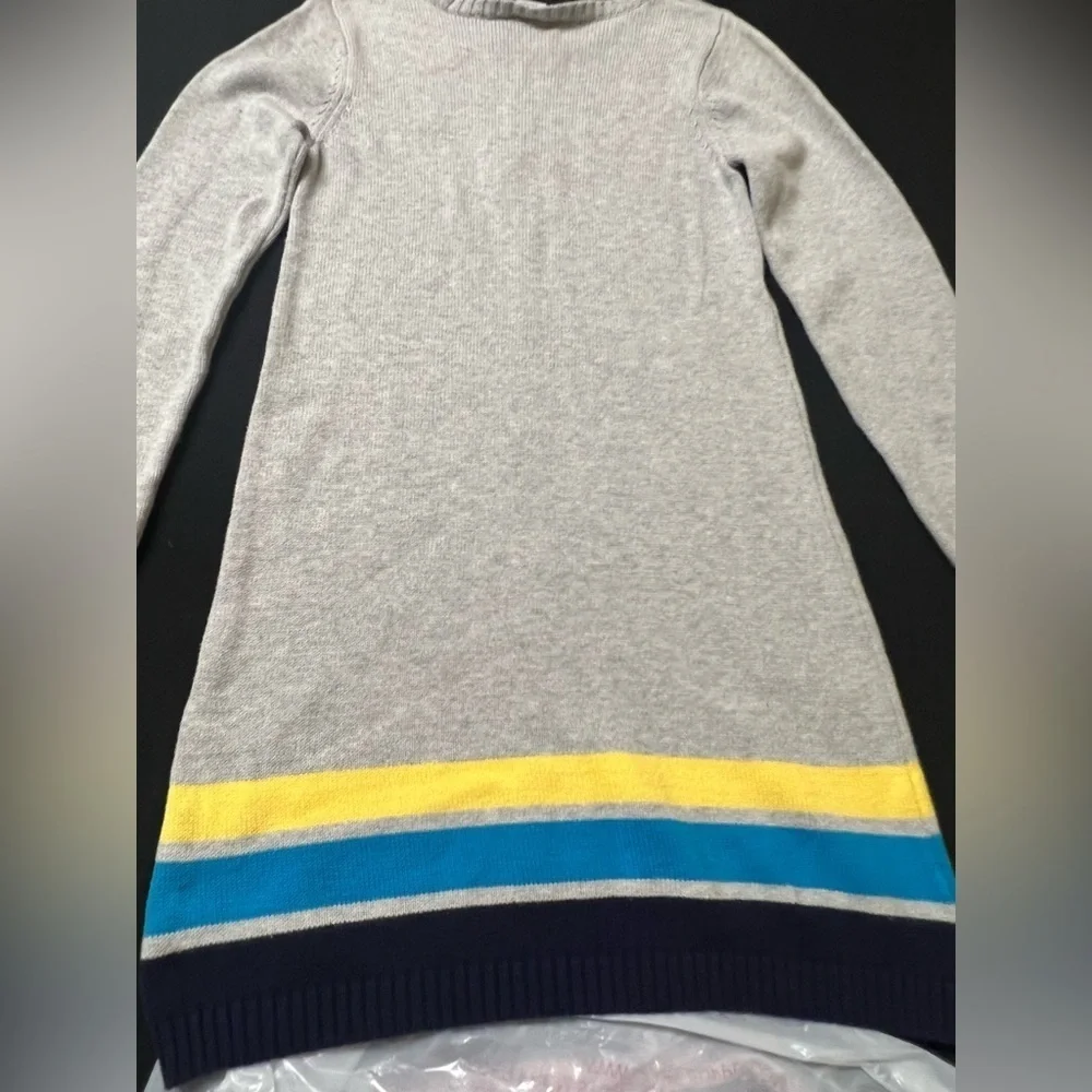 GYMBOREE GRAY SWEATER DRESS WITH YELLOW/TURQUOISE & NAVY BAND AT BOTTOM SIZE 10